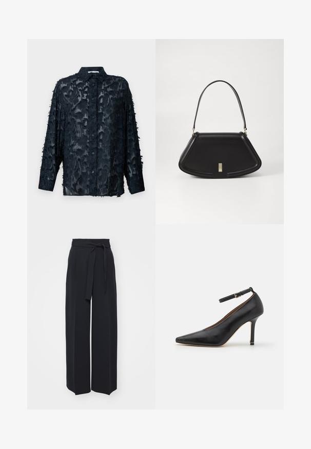 Black sheer shirt with a textured pattern, featuring a classic collar, long sleeves, and button closure. Edges have frayed detailing.; Wide-leg black trousers made of soft fabric. Features a belted waistband and front pleats. Smooth texture with a clean, contemporary design.; Black leather high-heeled shoe with pointed toe, ankle strap, and a thin heel. Smooth texture with a gold accent on the heel base.; Black leather handbag with a geometric design, flat base, and a short shoulder strap. Features a small gold-tone hardware detail.