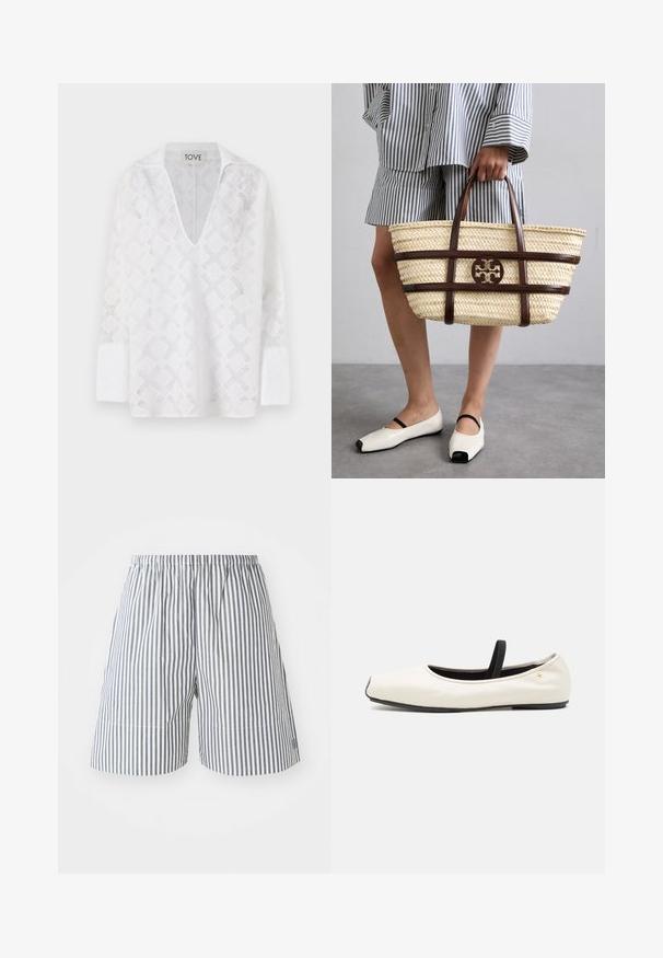 Weißes Langarmhemd mit tiefem V-Ausschnitt, das ein Diamantmuster und einen strukturierten Stoff aufweist. Das Etikett trägt die Aufschrift "TOVE."; Gestreifte Shorts aus Baumwolle in Marineblau und Weiß, mit einem elastischen Bund und lässiger Passform. Mittellange, bis zur Mitte des Oberschenkels, mit dezenten Nähdetails.; Flache Ballettschuhe aus weißem Leder mit abgerundeter Spitze, schwarzem elastischem Riemen und kleinem goldenen Emblem nahe der Ferse. Weiche Textur und minimalistisches Design.; Geflochtene Strohtasche mit braunen Lederakzenten und -griffen. Besitzt ein ausgeschnittenes Logo und kontrastierende horizontale Bänder.
