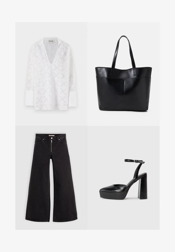 Biela košeľa s dlhým rukávom a hlbokým výstrihom do V, s diamantom vzorom a textúrovanou látkou. Štítok obsahuje nápis "TOVE."; Dlhé nohavice vo voľnom strihu z čierneho denimu so zipsom vpredu, päť vrecúškovým dizajnom a jemnými stehovými detailmi. Hladká textúra a neformálny štýl.; Čierne platformové podpätky so špicatou špičkou a nastaviteľným členkovým remienkom. Vyrobené z hladkej kože a so robustným blokovým podpätkom.; Čierna kožená tote taška s dvoma dlhými rúčkami, hladkým povrchom a štruktúrovaným tvarom. Obsahuje prednú kapsu pre dodatočné uskladnenie.