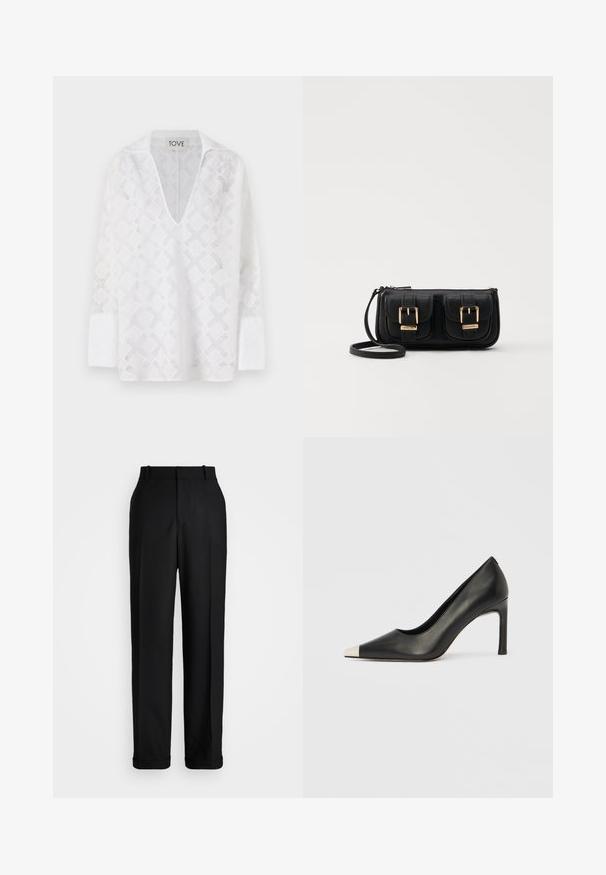 Chemise blanche à manches longues avec un col en V profond, présentant un motif en losanges et un tissu texturé. L'étiquette indique "TOVE."; Polo Ralph Lauren HIGH RISE RELAXED STRAIGHT TROUSER - Pantalon classique - black; Chaussure à talon haut en cuir noir avec bout pointu et capuchon argenté métallique. Présente une finition lisse et un talon fin de 10 cm.; Sac en cuir noir porté en travers avec deux poches avant, boucles dorées, fermeture zippée et une sangle fine. Surface texturée et forme rectangulaire compacte.