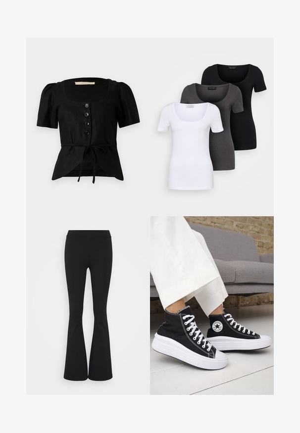 Mustavalkea pellavapaita lyhyillä puff-haukoilla, neliön muotoinen pääntie, viisi mustaa nappia edessä ja vyötäröllä nauha. Kankaan rakenne on teksturoitu.; Kolme istuvaa T-paitaa valkoisena, harmaana ja mustana. Jokaisessa on leveä avara pääntie ja lyhyet hihat. Valmistettu sileästä ja joustavasta kankaasta.; Mustat leveät housut, jotka on valmistettu joustavasta kankaasta, ja joissa on korkea vyötärö sekä sileä pinta. Housut levenevät polven kohdalla.; Mustat korkeavartiset tennarit, joissa valkoiset kumipohjat ja nauhat. Koristettu pyöreällä logotarralla ja valkoisilla kontrastisaumoilla. Materiaali on canvas.