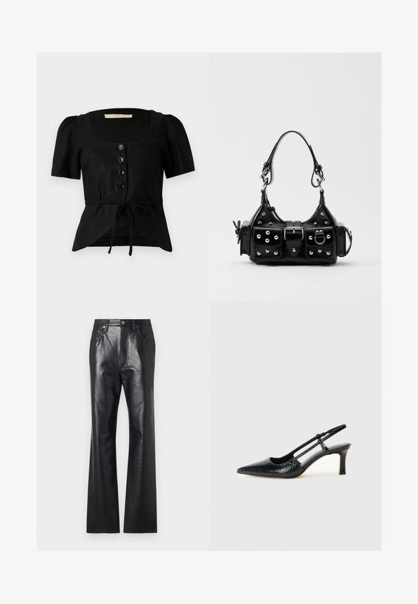 Czarna lniana bluzka z krótkimi puffami, kwadratowym dekoltem, pięcioma czarnymi guzikami z przodu oraz wiązaniem w talii. Teksturowany materiał.; Czarne skórzane spodnie o gładkiej teksturze, z szerokimi nogawkami, zamek błyskawiczny z przodu i z pętelkami na pasek. Zawierają subtelne akcenty w postaci przeszyć.; Czarne lakierowane czółenka na obcasie typu slingback z wąskim noskiem, z teksturowanym wzorem wężowym, regulowanym paskiem oraz krótkim, teksturowanym obcasem w kształcie słupka.; Czarna skórzana torebka w zakrzywionym kształcie, z srebrnymi ćwiekami, klamrą i dwoma bocznymi kieszeniami. Regulowany pasek umożliwiający różne opcje noszenia.