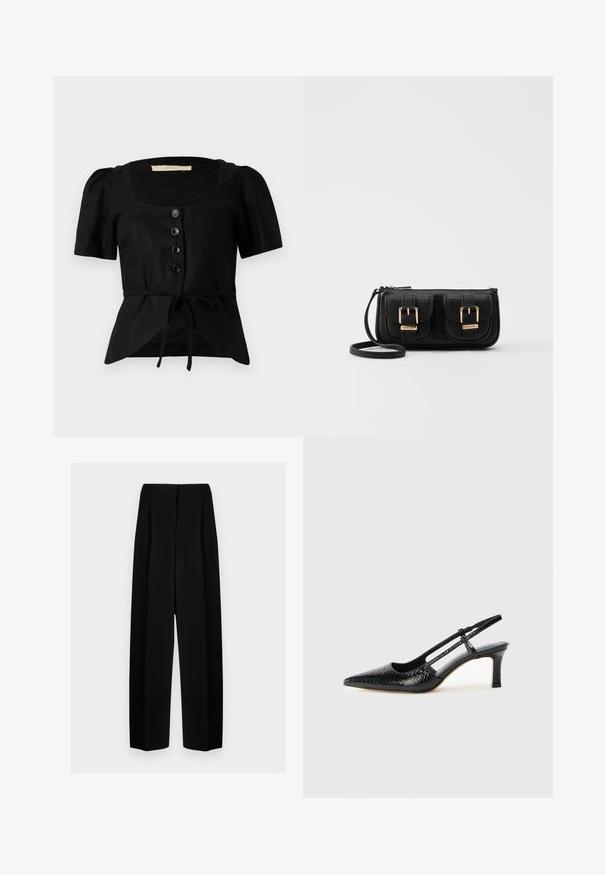 Svart linbluse med korte pufferm, firkantet hals, fem svarte knapper nedover foran, og en knytning i midjen. Teksturert stoff.; Svart vide bukser med høy livhøyde, med folder og en glatt tekstur. Stoffet virker lett og faller elegant.; Sorte patent slingback hæl med spids tå, featuring tekstureret slangeskind, justerbar rem og en kort, tekstureret blokhæl.; Svart skinn crossbody veske med to frontlommer, gyldne spenner, glidelåslukking og en slank stropp. Teksturert overflate og kompakt rektangulær form.