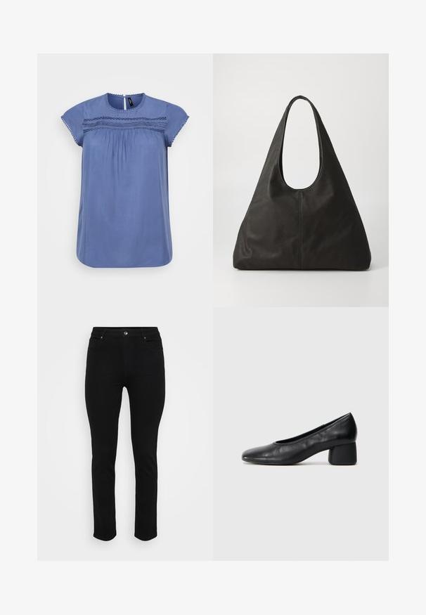 Blouse bleue à manches courtes avec un col rond, des détails froncés et des coutures décoratives sur la poitrine. Tissu lisse et coupe décontractée.; Jean denim noir avec une coupe slim, design à cinq poches, fermeture à bouton à l'avant et légère élasticité pour le confort. Texture plate et lisse avec un minimum de détails.; Escarpin en cuir noir avec un bout rond et un talon bloc moyen. Texture lisse avec un minimum de détails, présentant une ouverture élastique discrète.; Sac fourre-tout en cuir noir avec une poignée courbée, forme triangulaire allongée et texture lisse. Présente un design minimaliste sans matériel visible.; Boucles d'oreilles en métal argenté avec un design ondulé et sculptural, présentant une finition polie et des formes irrégulières, mettant en valeur une esthétique contemporaine.