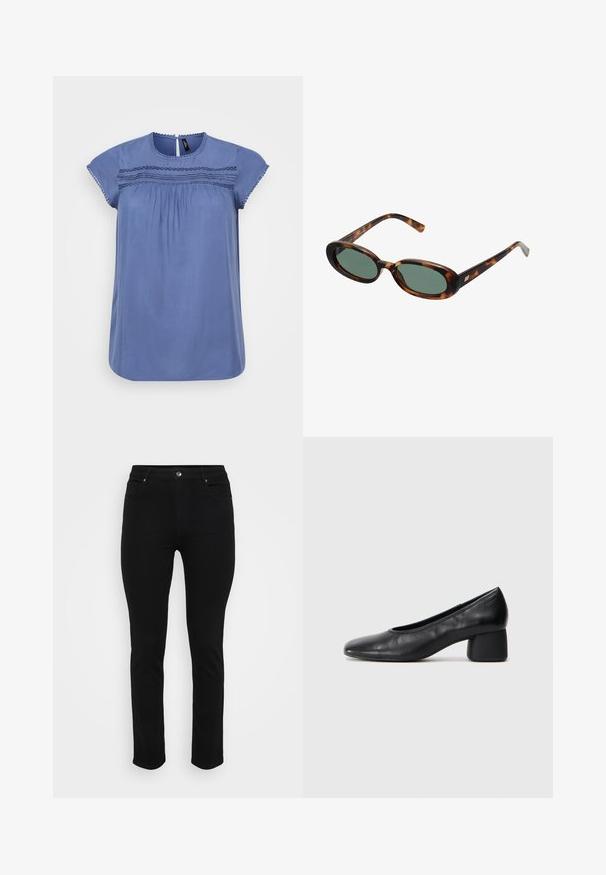 Blue short-sleeve blouse with a round neckline, gathered detailing, and decorative stitching across the bust. Smooth fabric and relaxed fit.; Black denim jeans with a slim fit, five-pocket design, front button closure, and slight stretch for comfort. Flat, smooth texture with minimal detailing.; Black leather pump with a rounded toe and mid-block heel. Smooth texture with minimal detailing, featuring a subtle elastic opening.; Tortoiseshell sunglasses with oval frames and green lenses. Features thin arms with a metallic accent near the hinges.; Silver metal earrings with a wavy, sculptural design featuring a polished finish and irregular shapes, highlighting a contemporary aesthetic.