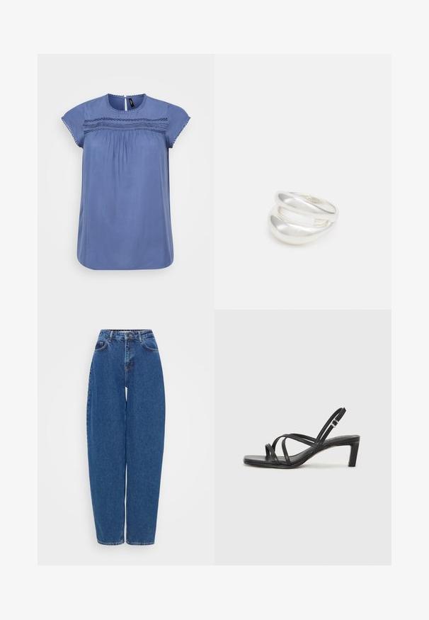 Niebieska bluzka z krótkimi rękawami i okrągłym dekoltem, z marszczonymi detalami i dekoracyjnym stitchingiem na wysokości biustu. Gładki materiał i luźny krój.; Niebieskie dżinsy o luźnym kroju, wysokim stanie i prostych nogawkach. Posiadają tradycyjne przeszycia i pięć kieszeni.; Czarne sandały na obcasie z prostokątnym noskiem i niskim słupkowym obcasem. Posiadają wiele cienkich pasków i regulowany pasek na kostkę. Wykonane z gładkiej skóry.; Srebrna obrączka podwójna z gładką, polerowaną powierzchnią. Posiada płynny, zakrzywiony kształt z nakładającymi się sekcjami, co nadaje nowoczesny wygląd.