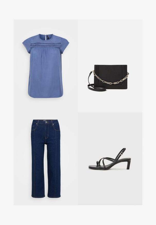 Blue short-sleeve blouse with a round neckline, gathered detailing, and decorative stitching across the bust. Smooth fabric and relaxed fit.; Dark blue straight-leg jeans with button closure, front and back pockets, and visible orange stitching along seams.; Black strappy sandal with a square toe and a low block heel. Features multiple thin straps and an adjustable ankle strap. Made of smooth leather.; Black leather crossbody bag featuring a smooth texture, rectangular shape, and a metallic chain detail on the front. Adjustable strap included.