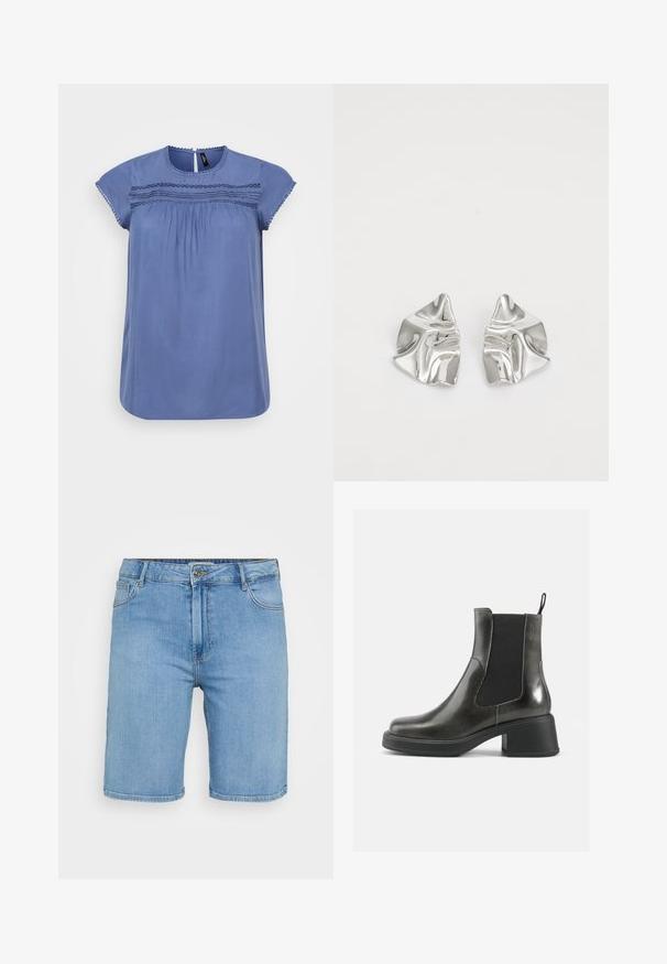 Zila īsām piedurknēm blūze ar apaļu kakla izgriezumu, savilktām detaļām un dekoratīvo izšuvumu krūtīs. Gluda auduma un brīva piegriezuma.; Gaiši zili denima šorti ar klasisku griezumu, kas aprīkoti ar priekšējo pogu aizdari, jostu cilpām un divām sānu kabatām. Gluda tekstūra un taisns apakšmala.; Melni ādas potītes zābaki ar gludu apdari, elastīgu sānu paneļu un masīvu papēdi. Aprīkoti ar cilpu, kas atvieglo uzvilkšanu.; Sudraba metāla auskari ar viļņainu, skulpturālu dizainu, kas izceļas ar pulētu apdari un neregulārām formām, uzsverot mūsdienīgu estētiku.