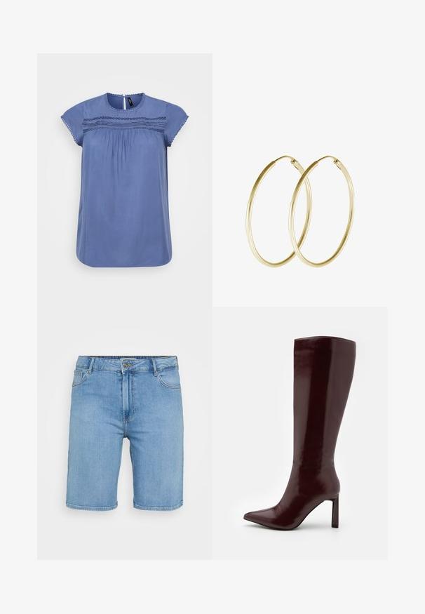 Modra bluzica s kratkimi rokavi in okroglim ovratnikom, z nabranimi detajli in dekorativnim šivanjem po prsih. Gladka tkanina in sproščen kroj.; Svijetloplave traper šorts hlače klasičnog kroja, s prednjim zatvaranjem na dugme, petljama za remen i dva bočna džepa. Glatka tekstura i ravni rub.; Even&Odd Škornji - dark red; Zlate obročaste uhane z gladkim, zaobljenim dizajnom in sijočo končno obdelavo. Lahka konstrukcija z varnim zapiranjem.