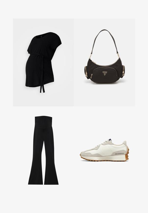 Top gravidanza nero con maniche corte, scollatura rotonda e cintura con nodo in vita per una vestibilità regolabile. Tessuto dalla consistenza liscia.; Pantaloni neri a zampa d'elefante con vita alta, realizzati in tessuto elasticizzato. Presentano una texture liscia e un design semplice e minimalista.; Sneaker bianca e beige con tomaia in pelle liscia, dettagli in suede, punta rotonda e suola in gomma testurizzata. Nome del brand stampato sul lato.; Borsa a spalla in tessuto nero con accessori in tonalità oro, dotata di un ampio scomparto con zip e due piccole tasche laterali con zip.