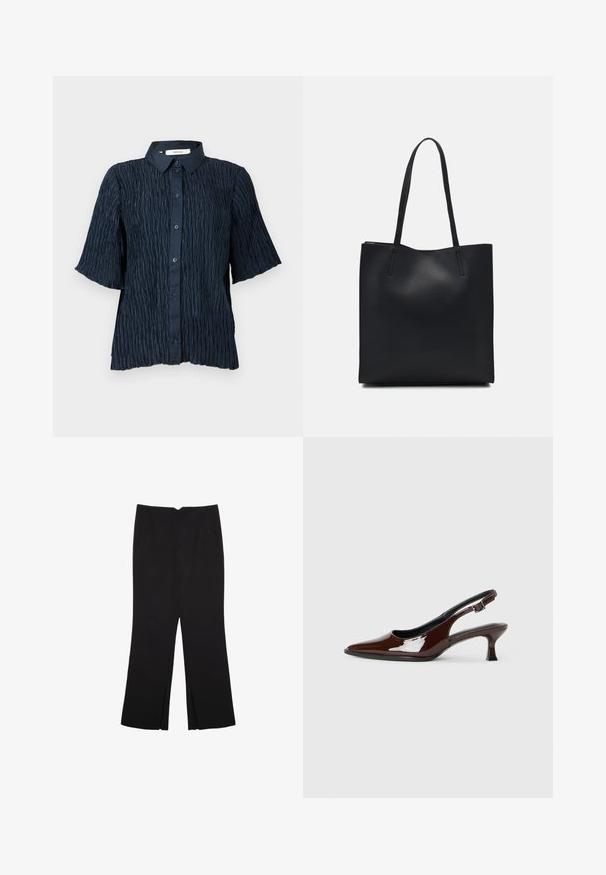 Camicia blu navy a maniche corte con superficie testurizzata e stropicciata, dotata di chiusura con bottoni e colletto classico.; Pantaloni neri a gamba dritta, con tasche frontali e spacchi laterali all'orlo. Realizzati in tessuto morbido e liscio. Adatti a diverse occasioni.; Scarpa slingback in pelle verniciata marrone con punta affusolata e tacco moderato. Presenta una fascia con fibbia per una calzata sicura. Tessuto liscio.; Borsa tote in pelle nera con texture liscia, forma rettangolare e due manici lunghi. Nessun hardware o decorazione visibile.