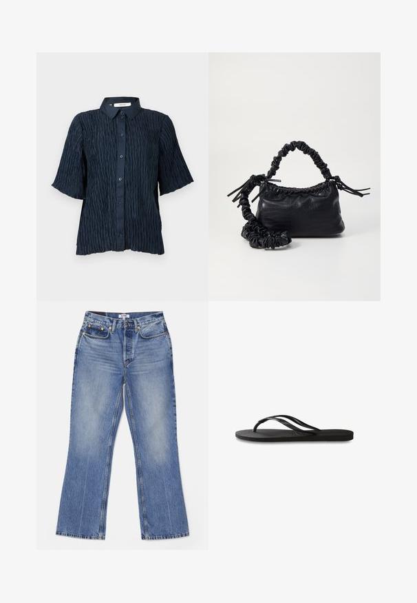 Tamsiai mėlyna trumparankovė marškiniai su tekstūruota, susiraukšlėjusia paviršiumi, su mygtukais priekyje ir klasikiniu apykakle.; RE/DONE LOOSE - Šiek tiek platėjantys apačioje džinsai - hacienda; Juodos šlepetės su tekstūruotu guminio pado, dviem siauromis dirželių ir subtiliu, įspaustu logotipo detalė ant dirželio.; Juodas dirbtinės odos rankinė su krokodilo tekstūra, sušnibždinta viršuje ir susikraipytu dirželiu. Atrodo minkšta ir kompaktiška.