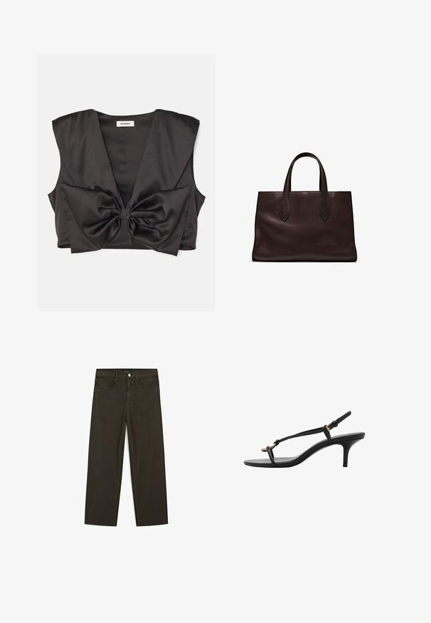 sandro PASSY - Top - noir; Jeans a gamba larga di colore verde scuro, realizzati in tessuto misto cotone, dotati di chiusura con bottone frontale, cinque tasche e cuciture classiche in denim.; Sandal con zeppa kitten nera in pelle, con sottili cinturini, fibbia dorata e una minimalista fascetta per le dita su sfondo bianco.; Borsa a spalla in pelle marrone con due manici lunghi, forma rettangolare strutturata, texture liscia e dettagli di cucitura sottili.