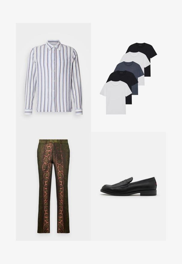 Striped long-sleeve shirt featuring alternating blue, white, and gray stripes. Button front, single chest pocket, and green embroidered detail.; Set of five t-shirts in black, white, and navy blue. Cotton fabric, short sleeves, crew neck design, and plain texture with no patterns.; Green patterned trousers featuring a snake print design with shades of brown and orange, straight cut, and a smooth texture.; Black leather loafers with a smooth finish, rounded toe, and a small decorative flap. Features a low stacked heel and subtle branding detail.