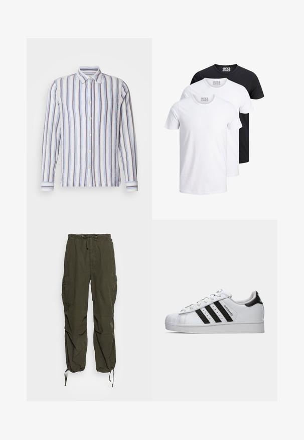 Gestreiftes Langarmshirt mit abwechselnd blauen, weißen und grauen Streifen. Knopfverschluss, eine Brusttasche und grüne gestickte Details.; Drei T-Shirts in Weiß und Schwarz, aus Baumwolle. Jedes hat einen Rundhalsausschnitt und kurze Ärmel, mit einem Logo, das am Halsausschnitt sichtbar ist.; Cargo-Hosen in olivgrün, mit elastischem Bund und Kordelzug, mehreren Taschen und verstellbaren Bündchen für eine taillierte Passform.; Weiße Adidas Superstar Sneaker mit schwarzen Streifen, charakteristischer Zehenkappe und "Superstar"-Schriftzug an der Seite, im linken Profil auf weißem Hintergrund gezeigt.