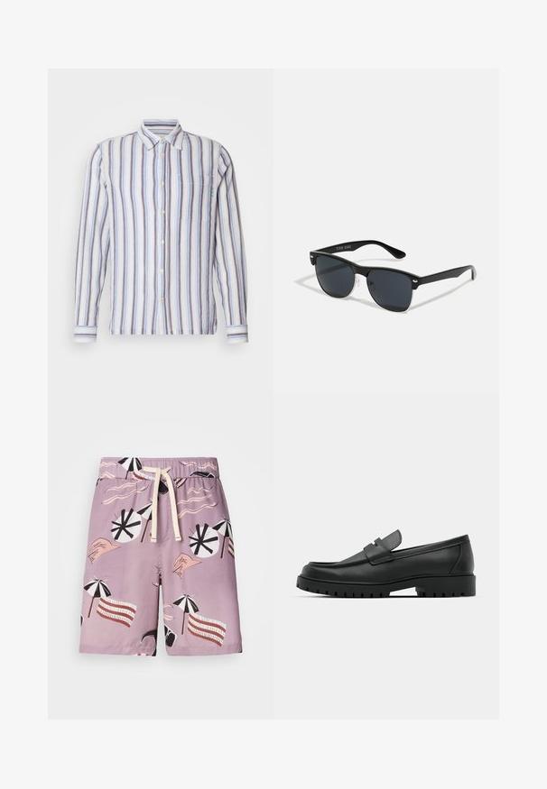 Röstripiline pikad varrukad särk, mis sisaldab vahelduvaid siniseid, valge ja halli riba. Nupuvajutus ees, üks rinnatasku ja roheline tikand.; Heledad ujumispüksid helesinises kangas, millel on graafiline muster, kus on rannakatteid, lainelisi jooni ja stiliseeritud käsi vastandlikes värvides.; Mustad musta nahast loafers, millel on ümar varvas, tikandiga disain, madal platvorm-soon ja tekstureeritud, soonikkummist välistald.; Mustad mustmikrooni kujuga mustad prillid, tumedate klaasidega, hõbedased detailid templite juures ja mati viimistlusega raam.