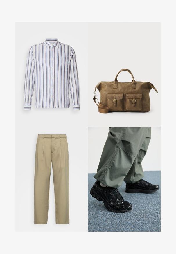 Pasiasta koszula z długim rękawem w niebieskie, białe i szare paski. Zapięcie na guziki, jedna kieszeń na piersi i zielony haft.; Beżowe, wysokie spodnie o prostym kroju, z płaskim przodem, bocznymi kieszeniami i gładkim, teksturowanym materiałem.; Czarne sportowe sneakersy z błyszczącą i siateczkową teksturą, z grubą podeszwą i sznurowadłami, w połączeniu z luźnymi oliwkowymi spodniami cargo.; Brązowa skórzana torba podróżna z dwiema przednimi kieszeniami, regulowanym paskiem na ramię, złotymi elementami i solidnymi uchwytami górnymi. Gładka textura.