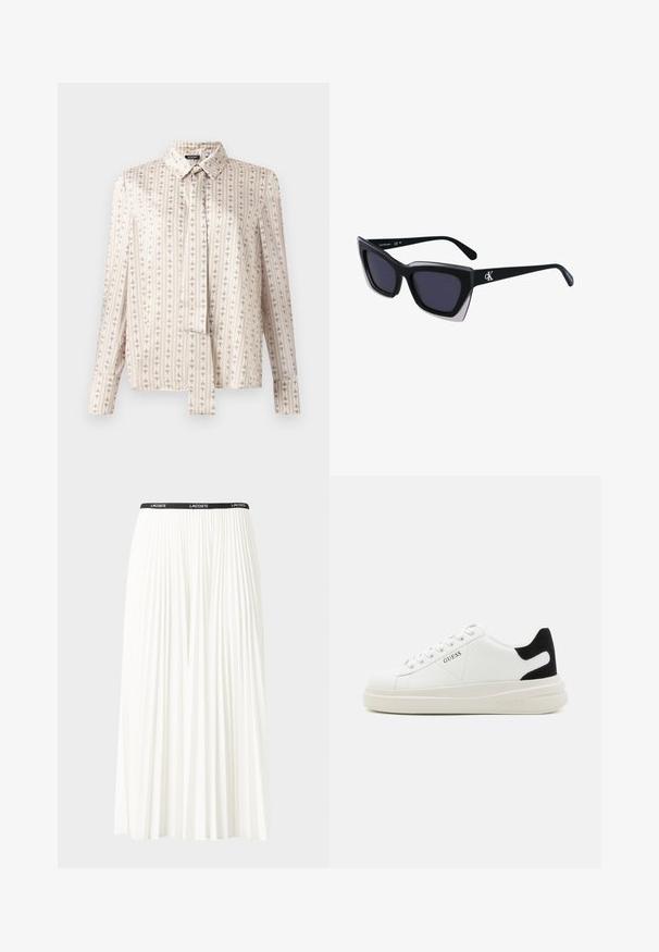 Camisa de manga larga en tejido color crema con rayas verticales y un sutil patrón repetido en beige. Presenta un collar y cierre frontal con botones.; Falda blanca plisada con una cinturilla elástica negra que presenta el logotipo "LACOSTE". Diseño de longitud media con textura suave.; Zapatillas blancas de cuero con una suela blanca gruesa, acento en el talón de ante negro y logo grabado en el lateral. Diseño de cordones con seis ojales.; Gafas de sol negras de gran tamaño con una forma geométrica, que presentan lentes oscuros y un detalle gris contrastante en la montura. Logo en la pata.