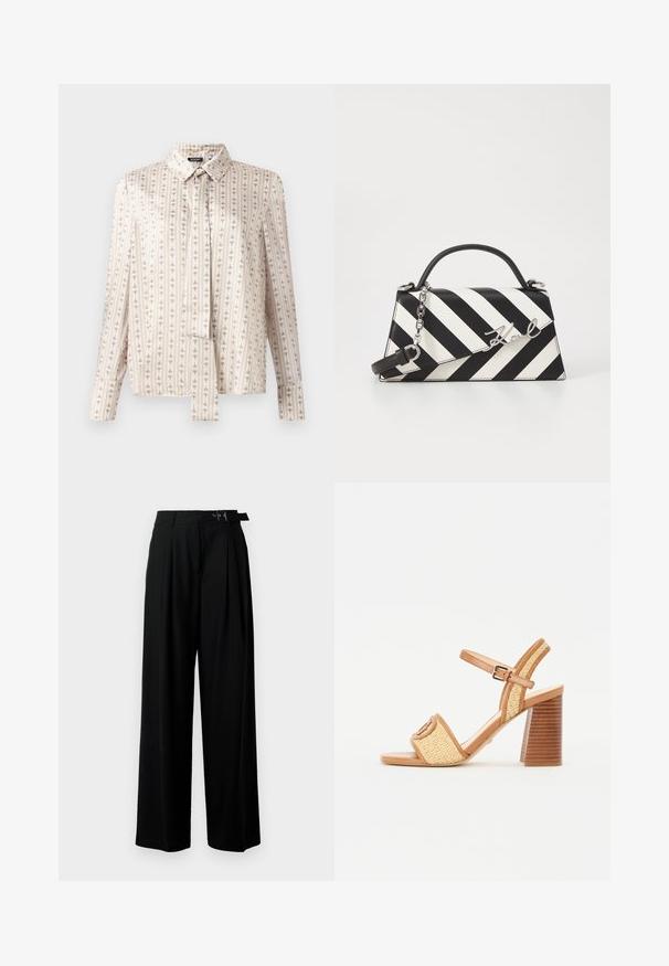 Chemise à manches longues en tissu crème avec des rayures verticales et un motif répété subtil en beige. Présente un col et un devant boutonné.; Pantalons larges noirs taille haute, avec des plis à l'avant et une ceinture avec une boucle. Conçus en tissu lisse et léger.; Sandales à talons en cuir marron et en paille tressée, avec une bride à la cheville, une ouverture sur le devant et un talon épais en bois avec des bandes horizontales.; Sac à main rayé noir et blanc avec une forme structurée, doté d'une poignée supérieur, d'une bandoulière en chaîne amovible et d'un accent logo métallisé.