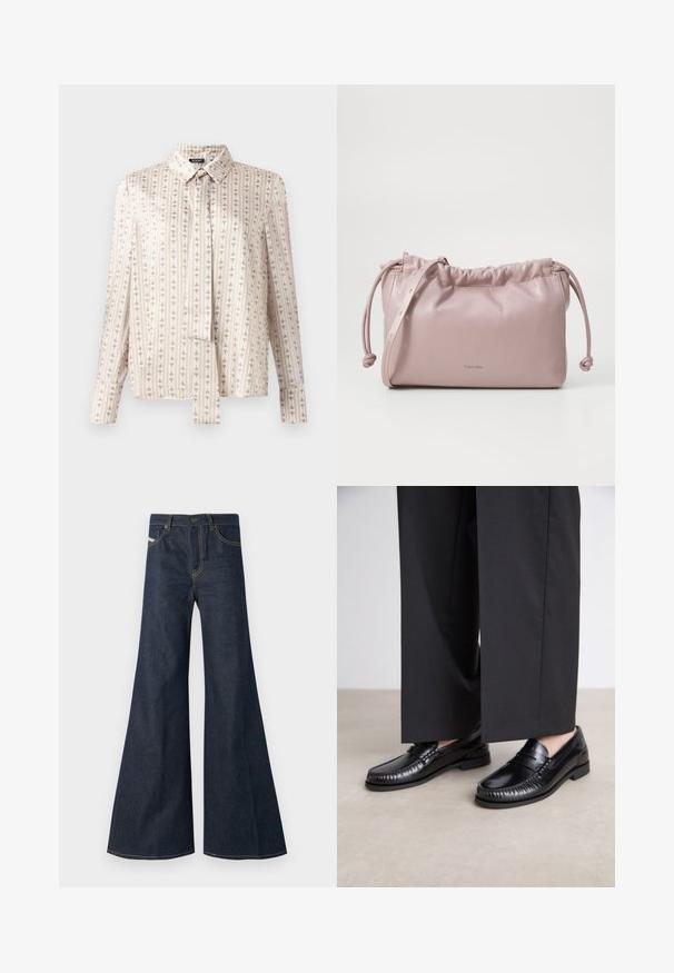 Langarmhemd aus cremefarbener Stoff mit vertikalen Streifen und einem subtilen, wiederholten Muster in Beige. Mit Kragen und knöpfbarem Vorderteil.; Dunkelblaue ausgestellte Jeans aus Denim, mit hohem Bund, goldenen Nähakzenten und zwei Fronttaschen mit Knopfverschluss.; Schwarze Lederloafers mit glatter Oberfläche, genähten Details um die Zehen und einer niedrigen Gummisohle. Kombiniert mit weiten schwarzen Hosen.; Zartrosa, glatte Lederhandtasche mit gerafftem oberen Teil, Kordelzugverschluss und dünnem Tragegurt. Mit einem dezenten Calvin Klein-Logo auf der Vorderseite.
