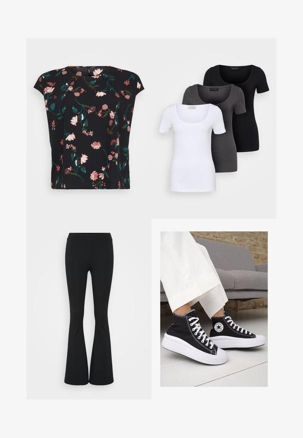 Sort blomstret bluse med korte ærmer, prydet med pink og grønne blomstermønstre. Glat stof med en afslappet pasform og rund halsudskæring.; Tre tætsiddende T-shirts i hvid, grå og sort. Hver af dem har en bred scoop-udskæring og korte ærmer. Fremstillet af glat, strækbart stof.; Sorte flagrende bukser lavet af strækbart stof, med en høj talje og en glat tekstur. Bukserne flared fra knæet.; Sorte høj-top sneakers i lærred med hvide gummisåler og snørebånd. Har et rundt logo på siden og kontrasterende hvide syninger.