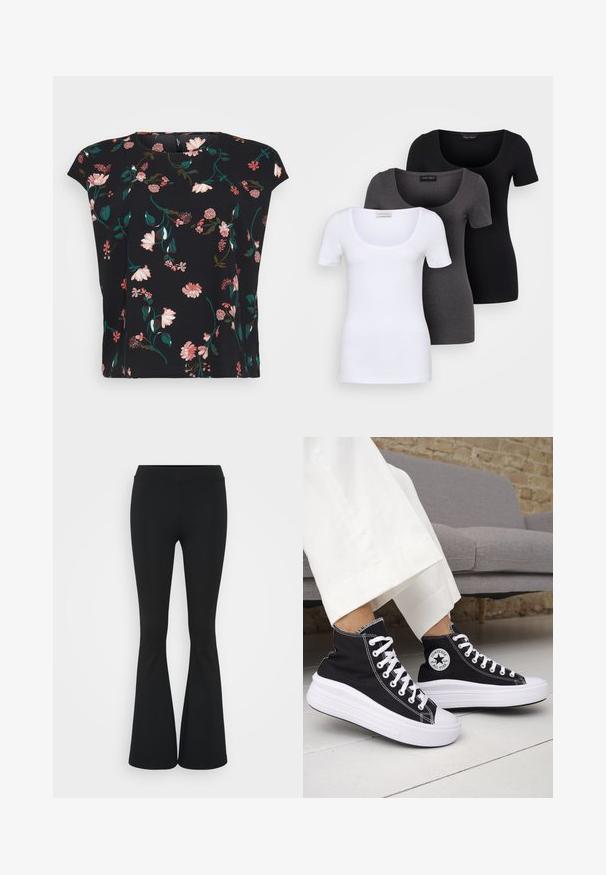 Zwarte bloes met bloemenmotief en korte mouwen, voorzien van roze en groene bloempatronen. Gladde stof met een relaxte pasvorm en een ronde halslijn.; Drie getailleerde T-shirts in het wit, grijs en zwart. Elk met een brede ronde hals en korte mouwen. Gemaakt van gladde, rekbare stof.; Zwarte uitlopende broek van rekbaar materiaal, met een hoge tailleband en een gladde textuur. De broek loopt uit vanaf de knie.; Zwarte hoge sneakers met witte rubberen zolen en veters. Voorzien van een ronde logo patch en contrasterende witte stiksels. Gemaakt van canvas.