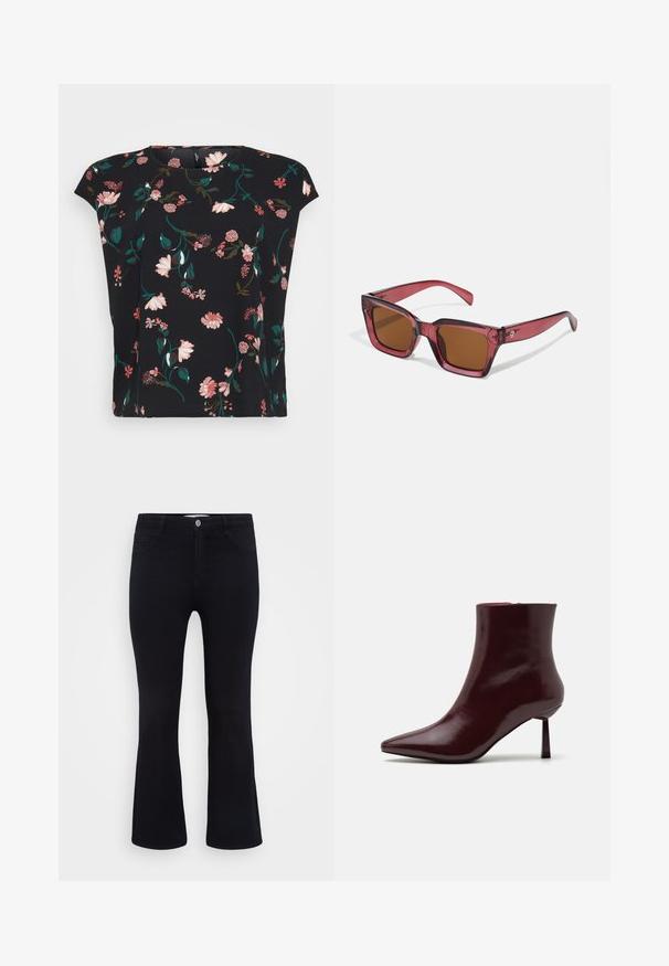 Crna cvjetna bluzica s kratkim rukavima, ukrašena uzorcima ružičastog i zelenog cvijeća. Glatka tkanina s opuštenim krojem i zaobljenim izrezom.; ONLY Carmakoma CARTHUNDER PUSH UP - Trapezaste traperice - black denim; Bordo lakirana čizma do gležnja s oštrim vrhom i uskim stiletto potplatom, s glatkom, sjajnom teksturom i minimalističkim dizajnom.; Crvene naočale u obliku kvadrata s smeškim lećama. Izrađene su od prozirne plastike. Imaju izraženog uglastog dizajna i suptilnog brendiranja na dršci.
