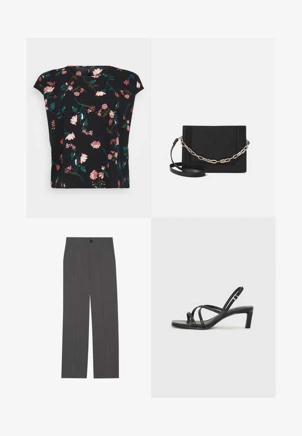 Blouse noire à fleurs avec des manches courtes, présentant des motifs de fleurs roses et vertes. Tissu doux avec une coupe décontractée et un col rond.; Pantalons gris avec une coupe droite, comprenant deux poches latérales et une fermeture à bouton. Tissu lisse sans motifs ni accents visibles.; Sandale noire à lanières avec un bout carré et un petit talon bloc. Elle présente plusieurs fines lanières et une sangle de cheville ajustable. Fabriquée en cuir lisse.; Sac bandoulière en cuir noir avec une texture lisse, de forme rectangulaire et un détail en chaîne métallique à l'avant. Sangle réglable incluse.; Bague en argent à double bande avec une surface lisse et polie. Présente un design fluide et courbé avec des sections qui se chevauchent pour un look moderne.