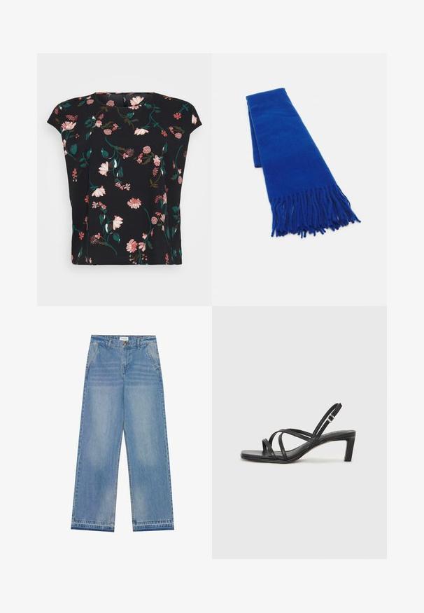 Melna ziedu blūze ar īsām piedurknēm, dekorēta ar rozā un zaļiem ziedu rakstiem. Gluda auduma ar brīvu piegriezumu un noapaļotu apkakli.; Gaiši zila augsta jostasvieta plaša ar biksēm ar pogu aizdari, priekšējām kabatām, jostas cilpiņām un vieglu izbalējušu apdari.; Melnas strappy sandales ar kvadrātveida purngaliem un zemu bloku papēdi. Ievērojamas ar vairākiem plāniem siksniņām un regulējamu potītes siksniņu. Izgatavotas no gludas ādas.; Zilās austās šalles ar bārkstīm, gluda tekstūra, taisnstūra forma un vienveidīga krāsa visā platībā. Piemērota aukstam laikam.; Sudraba divu joslu gredzens ar gludu, pulētu virsmu. Iezīmējas ar plūstošu, izliekta dizaina struktūru ar pārklājošām sekcijām modernam izskatam.