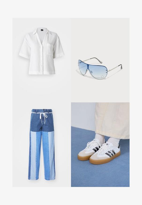Gina Tricot GAUZE SHORT SLEEVE - Skjorte - white; Blå denimbukser med et lapperedesign i forskjellige nyanser av blått, snor i livet og løse, rette ben.; Hvite sneakers med svarte striper og beige semsket skinn-detaljer. Har en teksturert gummisåle og flate hvite snører, brukt med lyse sokker.; Pilotbriller med gradient blå linse, sølvfarget metallramme og dekorative stjerneaksenter på linsen. Glatt og stilren design.