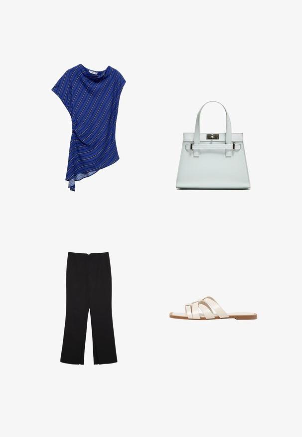 Sininen epäsymmetrinen paita, joka on valmistettu kevyestä kankaasta, ja jossa on valkoisia pystysuoria raidoja sekä laskostettu muotoilu kaarrokkeineen.; Mustat housut suoralinjaisella leikkauksella, joissa on etutaskut ja sivurei'ät helman alla. Valmistettu pehmeästä ja sileästä kankaasta. Sopii eri tilaisuuksiin.; Tason vaaleanruskealla kumipohjalla, jossa on kolme päällekkäistä valkoista nahkaremmiä ja pieni satiininen rusetti keskellä.; Vaaleansininen käsilaukku, jossa on jämäkkä muotoilu, kaksi kahvaa ja hopeanvärinen kiinnitys. Pinta on teksturoitu ja kulmat terävät.