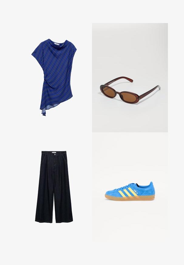 Sininen epäsymmetrinen paita, joka on valmistettu kevyestä kankaasta, ja jossa on valkoisia pystysuoria raidoja sekä laskostettu muotoilu kaarrokkeineen.; Tummat farkku leveälahkeiset housut korkealla vyötäröllä, joissa on etunapit, kaksi sivutaskua ja ompeluyksityiskohtia.; Siniset mokkanahka sneakersit, joissa on keltaiset raidat, kumipohja ja "Gazelle" -merkintä. Pyöristetty varvas ja nauhakiinnitys.; Pyöreät, ruskehtavat aurinkolasit, joissa on kiiltävä burgundinpunainen runko. Kapeat sivut, joissa on hienovarainen brändäys. Litteät linssit.