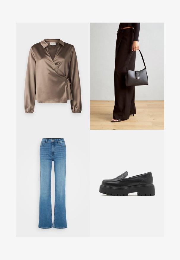 Brown satin wrap blouse with long sleeves, collar, and a side tie detail. Smooth texture with a slight sheen, featuring a V-neck design.; Black long-sleeve shirt made of ribbed fabric. Features a round neckline and fitted silhouette. Simple design without patterns or accents.; High-waisted blue denim flared jeans with a smooth texture, front pocket stitching, and raw hems at the wide leg openings.; Black leather loafers with a low, chunky rubber sole, stitched detailing on the upper, and a smooth texture.; Black handbag with structured shape, smooth texture, and a metallic clasp. Paired with wide black pants and open-toe sandals on wooden floor.