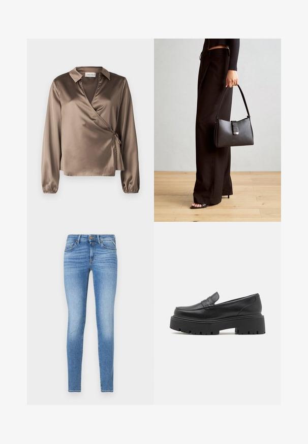 Ruda satino apvalkalo bluzonė su ilgomis rankovėmis, apykakle ir šoniniu raiščiu. Lygus paviršius su nedideliu blizgesiu, pasižyminti V formos iškirpte.; Lieknas, šviesiai mėlynas džinsinis kelnes, vidutinio aukščio juosmuo, priekinis mygtukas ir penkių kišenių dizainas.; Juodas odinis loafers'ų modelis su žemu, masyviu guminio pado, siuvinėtomis detalėmis ant viršaus ir lygia tekstūra.; Juodas rankinė struktūrizuota forma, lygi tekstūra ir metalinis užsegimas. Suporuota su plačiomis juodomis kelnėmis ir atvirais bateliais ant medinių grindų.; Aukso auskarai su lygiu, blizgiu paviršiumi. Apvalus dizainas su maža užrakto dalimi ir skaidria atrama saugiam nešiojimui.