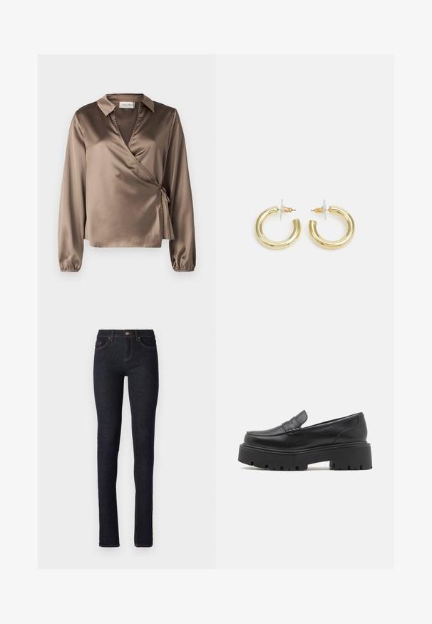 Brūns satīna apmetņa blūze ar garām piedurknēm, apkakli un sānu sasiešanas detaļu. Gluda tekstūra ar nelielu mirdzumu, ar V-veida kakla dizainu.; Tumši zila džinsu auduma bikses ar šauru piegriezumu, kurām ir augsts jostasviets, piecas kabatas un oranžas šuves detaļas.; Melnas ādas loafer kurpes ar zemu, masīvu gumijas zoli, uz augšas izšūtām detaļām un gludu tekstūru.; Zelta auskari ar gludu, spīdīgu apdari. Apaļš dizains, kas ietver mazu tapu un caurspīdīgu pamatni drošai valkāšanai.