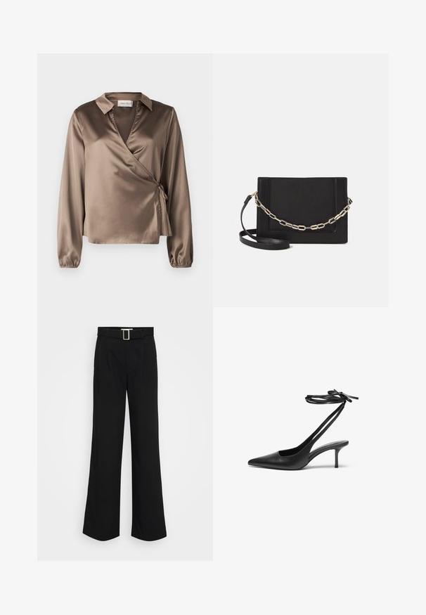 Brūns satīna apmetņa blūze ar garām piedurknēm, apkakli un sānu sasiešanas detaļu. Gluda tekstūra ar nelielu mirdzumu, ar V-veida kakla dizainu.; Melnas platās bikses, kas izgatavotas no viegla auduma, ar gludu tekstūru, priekšējām krokām un jostu ar kvadrātveida metāla sprādzi.; Melnas ādas stiletto kurpes ar norādītu purngalu, atvērtu aizmuguri un potītes siksniņām, kas sasietas neglītajā mezglā. Šaurs 3 collu papēdis. Gluda tekstūra, minimālisma dizains.; Melna ādas crossbody soma ar gludu faktūru, taisnstūrveida formu un metalizētu ķēdes detaļu priekšā. Iekļauta regulējama siksna.