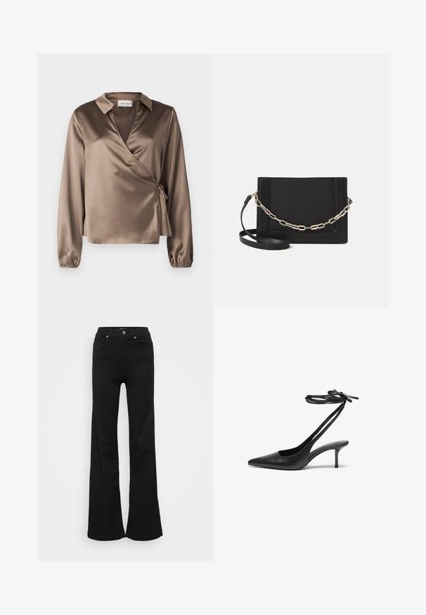 Ruda satino apvalkalo bluzonė su ilgomis rankovėmis, apykakle ir šoniniu raiščiu. Lygus paviršius su nedideliu blizgesiu, pasižyminti V formos iškirpte.; Juodos plačios džinsinės kelnės, pagamintos iš denimo, su aukštu liemeniu, penkiomis kišenėmis ir metaliniu sagčių uždarymu. Lygi tekstūra su minimaliu dekoravimu.; Juodas odinis stiletto batelis su smailiu nosiu, atvira nugara ir užrištomis kulkšnies juostelėmis. Plonas 3 colių kulnas. Lygi tekstūra, minimalistinis dizainas.; Juodas odinis per petį nešiojamas krepšys turi lygų paviršių, stačiakampio formą ir metalinę grandinėlę priekyje. Pridedama reguliuojama dirželis.