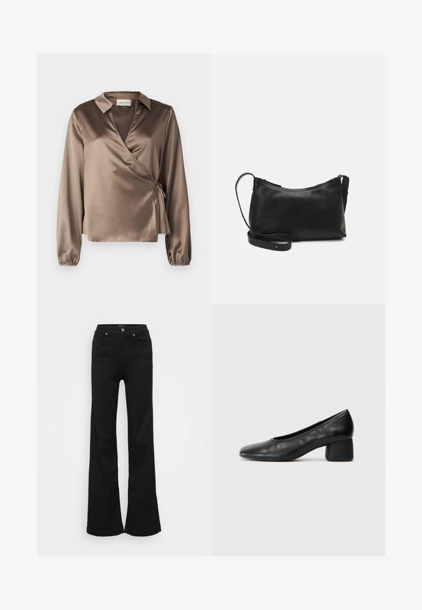 Pruun satiinist mähkimisbluus pikkade varrukatega, krae ja külgsete seotud detailidega. Sile tekstuur kerge läikega, V-kaelusega disain.; Mustad laiad teksapüksid, valmistatud denimist, kõrge vöökoht, viis taskut ja metallist nööpkinnitus. Sujuv tekstuur väheste detailidega.; Must musta kingadega, ümarate varvaste ja keskmise plokknõrga. Sile tekstuur, minimaalse kaunistusega, kergelt elastse avaga.; Mustmust nahk õlakotil on sile tekstuur, kumer kuju, reguleeritav rihm ja lukuga sulgemine. Minimalistlik disain ilma kaunistusteta.