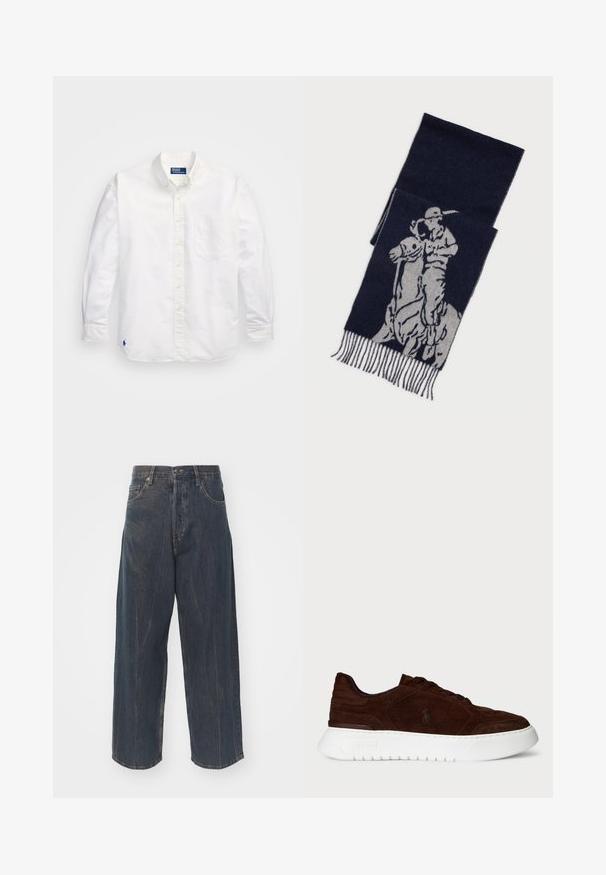 Camisa branca de algodão de mangas longas com golas abotoadas, bolso no peito esquerdo e um pequeno logótipo azul no lado inferior esquerdo.; Calças de ganga largas de cor azul escuro com uma textura de desgaste subtil, cinco bolsos e um fecho clássico de botão e zíper na cintura.; Sapatilhas de camurça castanho-escuro com sola branca grossa, fecho de atacadores e logótipo Polo discreto na lateral, vistas do lado exterior.; Cachecol azul marinho com uma estampa cinza de um jogador de polo a cavalo, com bordas fringed.
