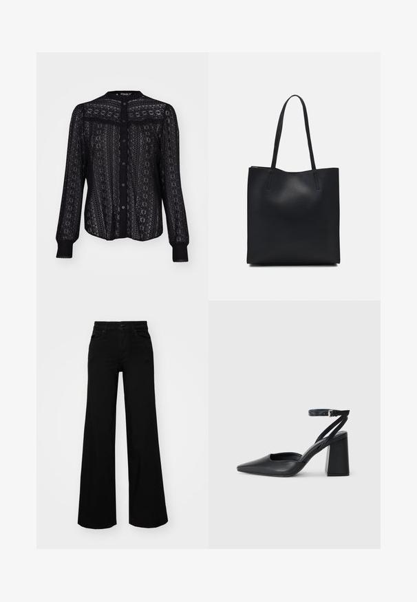 Black button-up blouse made of sheer lace, featuring intricate patterns, long sleeves with elastic cuffs, and a round neckline.; Black wide-leg pants made of denim, featuring a structured waistband, belt loops, and front pockets. Smooth texture with a classic design.; Black leather pointy-toe pump with an ankle strap and a chunky heel. Flat texture, sleek design, and minimalistic aesthetics.; Black leather tote bag with smooth texture, rectangular shape, and two long handles. No visible hardware or embellishments.