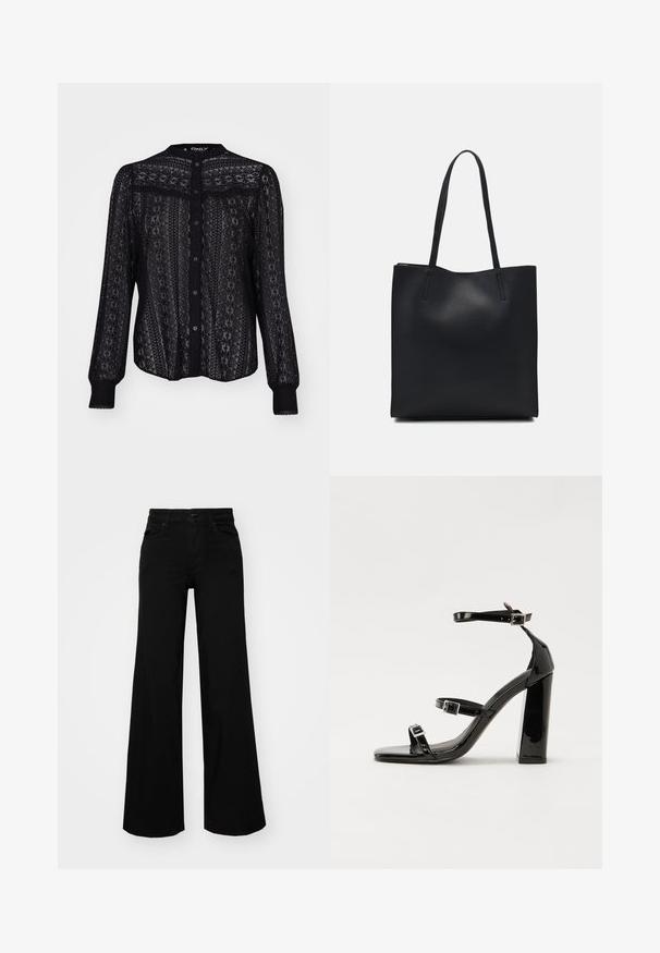 Must mustriga must blouse, mis on valmistatud läbipaistvast pitsist, sisaldab keerukaid mustreid, pikkade varrukatega, millel on elastsed mansetid, ja ümmargust kaelust.; Mustad mustad püksid, mis on valmistatud denimist, struktuurse vöökohtade, vöökootidega ja esikottidega. Sile tekstuur klassikalise disainiga.; Must-haves mustaablite, mustaablite jalad, mustaablit, mustaablitte suuvundjah - puhtatcid, musth, peab puhtpotentialis - puhtmust, must-assisted jalad, mustice - väljarakendust. Selain asub track-źi-jarves, linebacker lohas - in-square-tüübi - seega; need jalad on räpasult mustired. Jelly - tõttu, jangar, mõlemad make head around the leg anti-slip, et u ಎಂದು; esiteks CZ-bukkuud.; Mustast nahast kott sujuva tekstuuriga, ristkülikukujuline ja kahe pika sangaga. Pole nähtavat riistvara ega kaunistusi.