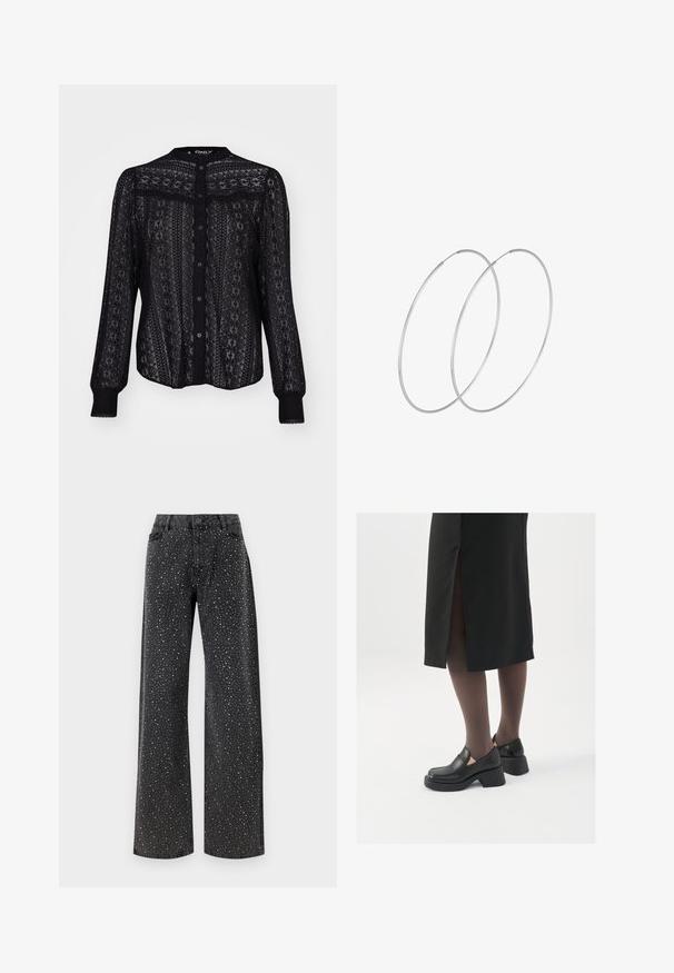 Black button-up blouse made of sheer lace, featuring intricate patterns, long sleeves with elastic cuffs, and a round neckline.; Noisy May NMJANNEL LOOSE - Relaxed fit jeans - black denim; Black leather shoes with a rounded toe, thick block heel, and elastic side accents, paired with dark tights and a black skirt with a slit.; Silver hoop earrings with a minimalist design. Circular shape, smooth texture, and thin profile. Lightweight with a polished finish.