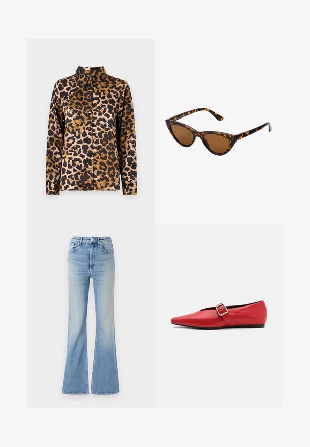 Leopardimustriga särk siidiselt materjalilt; omab kraed, pikki varrukaid ning musti nööpe ees, pruuni ja musta värvitooni.; Heledad sinine flared teksapüksid, millel on kõrge vöökoht, viie tasku disain ja peen gradiseeruv hägusus alates hemist.; Punane nahast lameda tallaga king, millel on terav nina, külje peal rihm metallklambriga ja madal must konts. Ühtlane sile tekstuur.; Kassi vormiga prillid musta ja oranži kilpkonnakujulise raami, pruunide läätsede ja elegantsete teravate otstega. Templi juures on minimaalne logo.