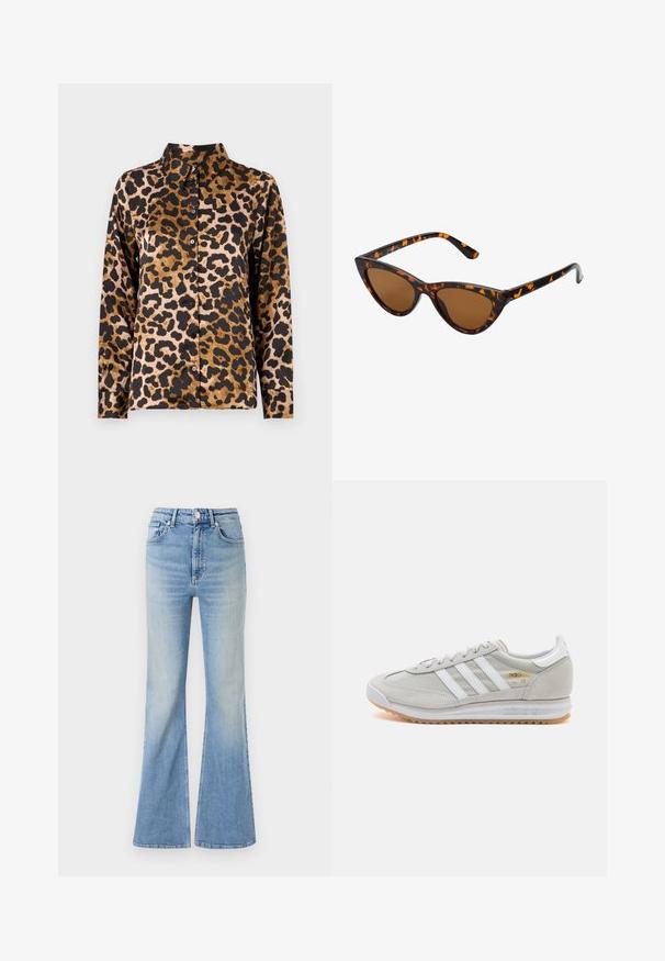 Camicia con stampa leopardata in tessuto seta; presenta un colletto, maniche lunghe e bottoni neri sul davanti, con colorazione marrone e nera.; Jeans flared di colore blu chiaro in denim, dotati di vita alta, design a cinque tasche e una leggera sfumatura verso l'orlo.; Sneaker grigio chiaro realizzato in suede e rete, con tre strisce bianche, punta arrotondata e suola in gomma color caramello. Accento del logo dorato vicino ai lacci.; Occhiali da sole cat-eye con una montatura tartarugata nera e arancione, lenti marroni e punte affusolate e eleganti. Presentano un logo minimale sulla asta.