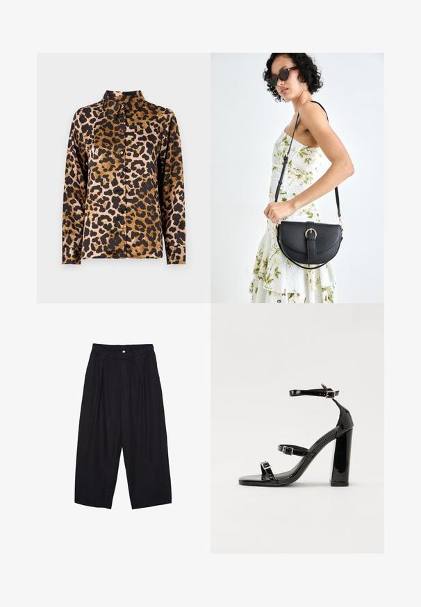 Košile s leopardím potiskem z hladké látky; má límeček, dlouhé rukávy a černé knoflíky vpředu, s hnědými a černými odstíny.; Černé polyesterové culotte kalhoty s elastickým pasem, dvěma předními sklady a volným siluetou. Žádné viditelné vzory ani kovové detaily.; Černé lakované sandály na podpatku se čtveratou špičkou, lýtkovými pásky a stříbrnými přezkami. Disponují masivním blokovým podpatkem pro stabilitu.; Černá kožená kabelka s křivkovým tvarem, odnímatelným popruhem a zlatými detaily. Kabelka má klopu s přezkou.