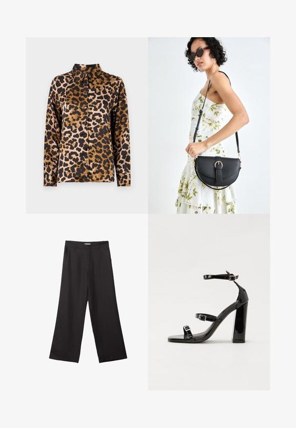 Langarm-Hemd mit braunem und schwarzem Leopardenmuster und klassischem Kragen auf einem schlichten hellen Hintergrund.; Schwarze weite Hosen aus glattem Stoff, mit einem Reißverschluss vorne und zwei seitlichen Taschen, maßgeschneiderter Passform und minimalistischem Design.; Schwarze patentierte Sandalen mit Absatz, quadratischer Spitze, Knöchelriemen und silbernen Schnallen. Mit einem stabilen Blockabsatz für mehr Stabilität.; Schwarze Lederhandtasche mit geschwungener Form, abnehmbarem Tragegurt und goldenen Beschlägen. Die Tasche verfügt über einen Deckel mit einer Schnallen-Details.