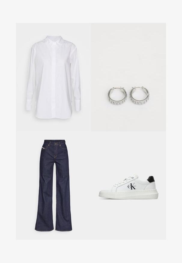 White long-sleeve shirt made of cotton, featuring a classic collar, front button closure, and side slits for added ease and comfort.; Dark blue wide-leg jeans in denim fabric with a high waist, featuring orange stitching, five-pocket design, and a button closure.; White low-top sneaker with black heel tab, platform sole, laces, and Calvin Klein "CK" logo on the side.; Silver hoop earrings with a textured design featuring vertical ridges. Circular shape with a secure latch closure. Smooth finish.
