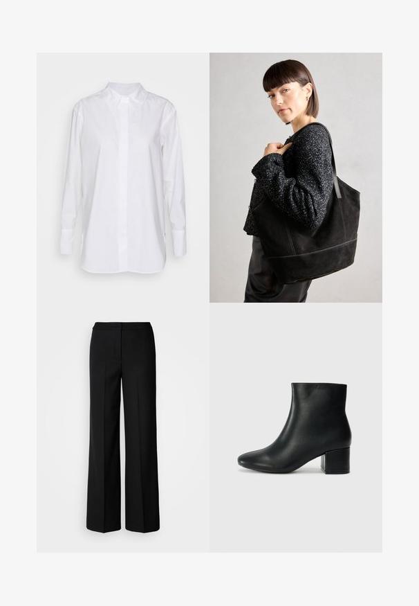 Witte lange mouw shirt van katoen, met een klassieke kraag, een knoopsluiting aan de voorkant en zijsplitten voor extra gemak en comfort.; Zwarte wijde broek van een gladde stof, met een hoge taille, nauwkeurig gestikte naden en een minimalistisch ontwerp. Geen zichtbare hardware of zakken.; Zwarte leren enkellaarzen met een spitse neus en een chunky hak. Gladde textuur met minimale accenten en een slank, strakk ontwerp.; Zwarte suede schoudertas met een gladde textuur, gestructureerde vorm en contrasterende stiksels. Voorzien van lange hengsels voor schouderdraag.