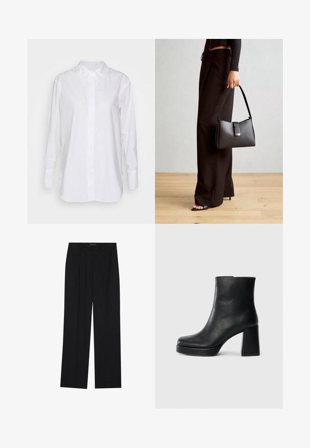 Λευκό πουκάμισο μακρύ μανίκι από βαμβάκι, με κλασικό γιακά, μπροστινό κλείσιμο με κουμπιά και πλαϊνές σχισμές για επιπλέον ευκολία και άνεση.; Μαύρο παντελόνι με ίσια γραμμή, που διαθέτει δύο μπροστινές τσέπες και μέση. Κατασκευασμένο από ένα λείο, ελαφρύ ύφασμα.; Μαύρη δερμάτινη μποτάκι στον αστράγαλο με τετράγωνο τακούνι και πλατφόρμα, απεικονισμένο από το πλάι σε λευκό φόντο.; Μαύρη τσάντα χειρός με δομημένο σχήμα, λεία υφή και μεταλλικό κούμπωμα. Συνδυασμένη με φαρδιά μαύρα παντελόνια και σανδάλια ανοιχτής μύτης πάνω σε ξύλινο πάτωμα.