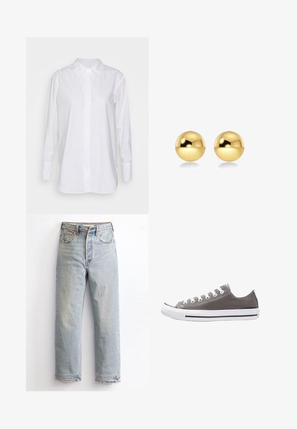 White long-sleeve shirt made of cotton, featuring a classic collar, front button closure, and side slits for added ease and comfort.; Light blue denim jeans with a straight leg design, featuring distressed hem, copper rivets, and a classic five-pocket style.; Gray canvas sneaker with white rubber sole, black stripe, and metal eyelets. Features round toe, low-top design, and textured fabric.; Gold-colored spherical earrings with a shiny, reflective surface. The design is simple and smooth, creating a modern, minimal look.